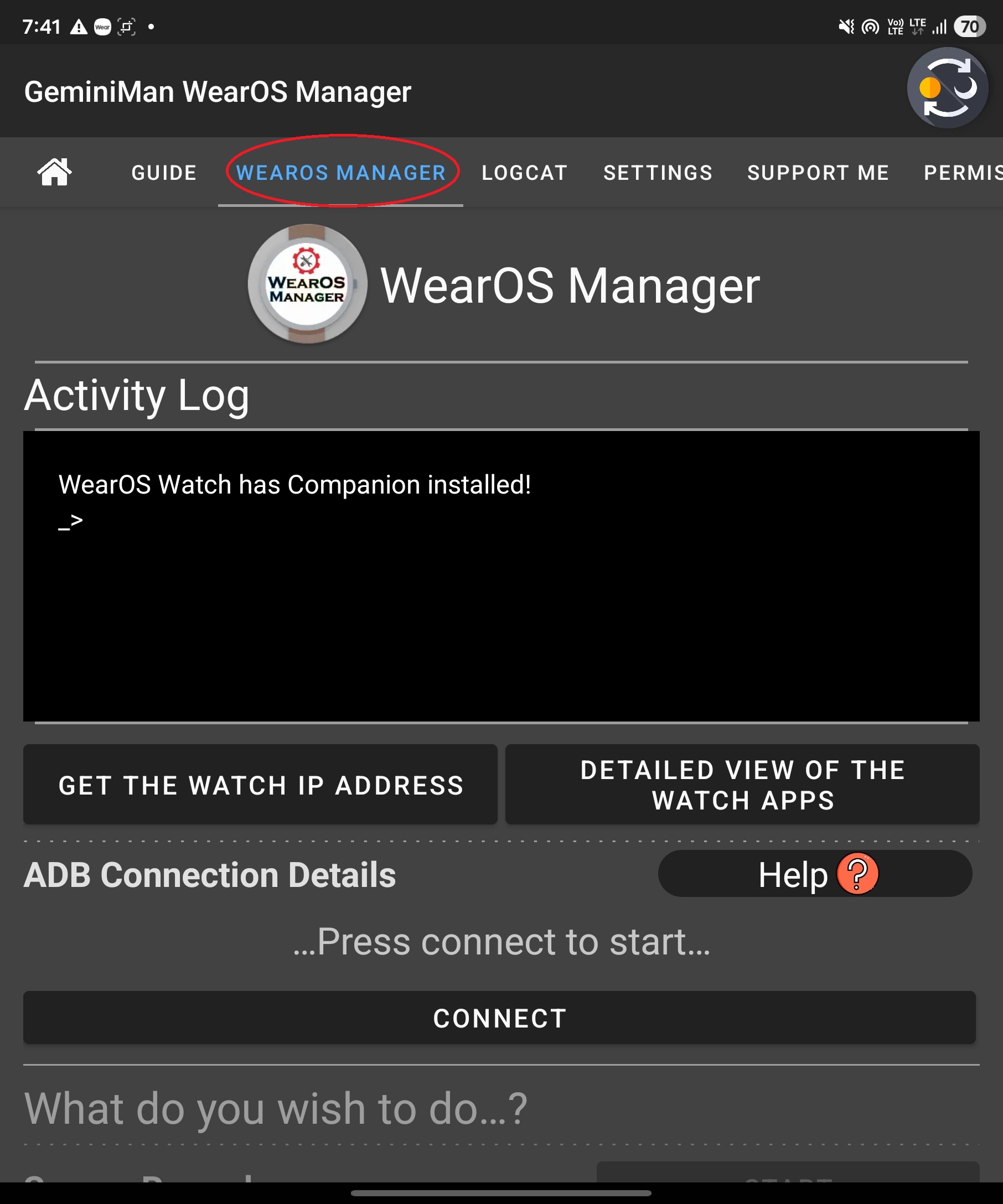 Open WearOS Manager on phone